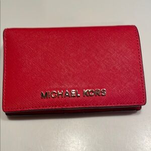 Michael Kors Red Key and Card Holder with Textured Leather and Minimalist Design